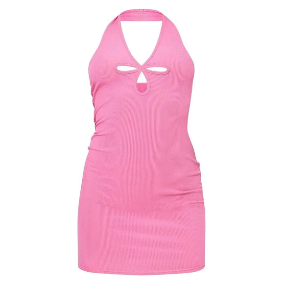 NWT PrettyLittleThing Women's 14‎ Pink Triple Cut Out Halterneck Bodycon Dress - Picture 5 of 10